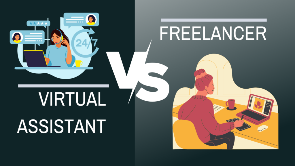 A freelancer and a virtual assistant working on laptops, symbolizing the differences in their services.
