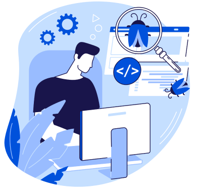 Illustration of a professional working on a computer, symbolizing skilled talent with 5–10 years of experience ready to deliver results within 48 hours.