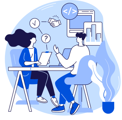 Illustration of a recruitment process with magnifying glass and charts, symbolizing background checks and trial projects for perfect talent alignment.