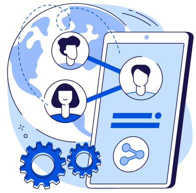 Illustration of global connectivity with a tablet and gears, symbolizing effortless team integration and onboarding.