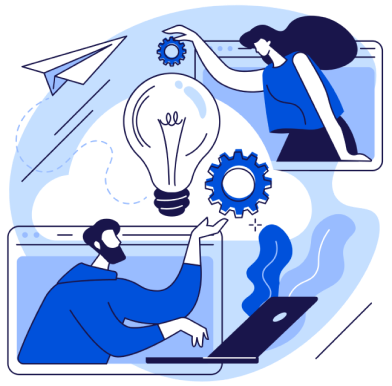 Illustration of professionals collaborating virtually, representing the Smart Talent System’s rigorous 5-step vetting process.